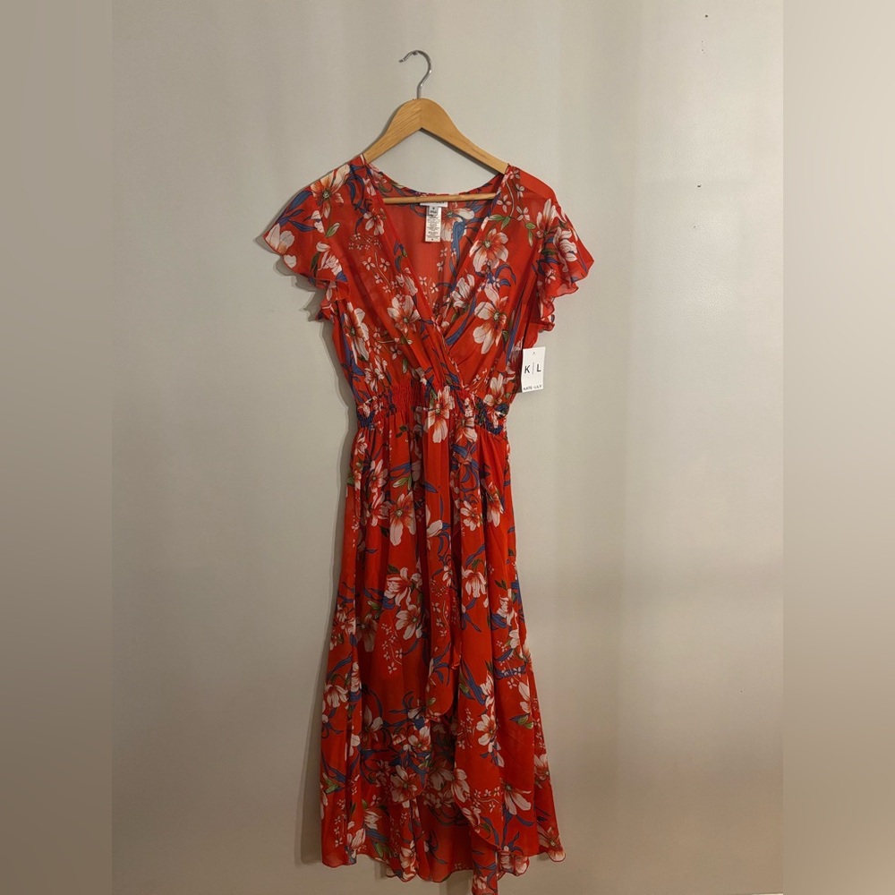 Flutter-Sleeve Floral Maxi Dress in Red